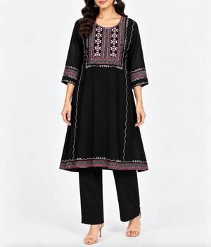 Indian Pakistani Black Cotton Embroidered Salwar Kameez 2 Piece Suit Small Party